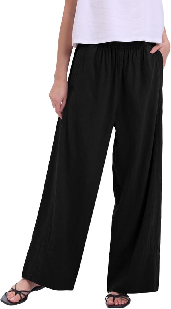 Faiable Women's Wide Leg Cotton Linen Pants Elastic High Waist Flowy Casual Trousers with Pockets for Summer Vacation Travel