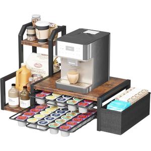 Homeiju Coffee Pod Holder Drawer for K-Cup, Nespresso Pods Holder with Side BasketK Cup Holder Holds 60 K-Cups & 10 Syrup Bottles, Sliding Storage Drawer and Countertop Storage