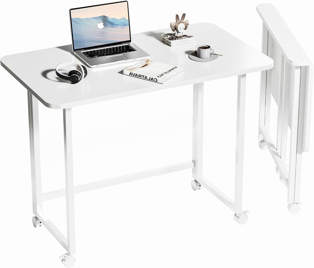 Folding Desk,Not Require Assembly,Small Foldable Desk 31.5" for Small Spaces,Space Saving Computer Table Writing Workstation for Home Office,White, 15.7"D x 31.5"W x 30"H