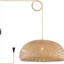 Bamboo Plug in Pendant Light with 14ft Handmade Woven Light Cord, Dimmable Switch, Rustic Basket X-Large Hanging Lamp for Bedroom Kitchen Island Dining Room Living Room, 23.6 inch Width