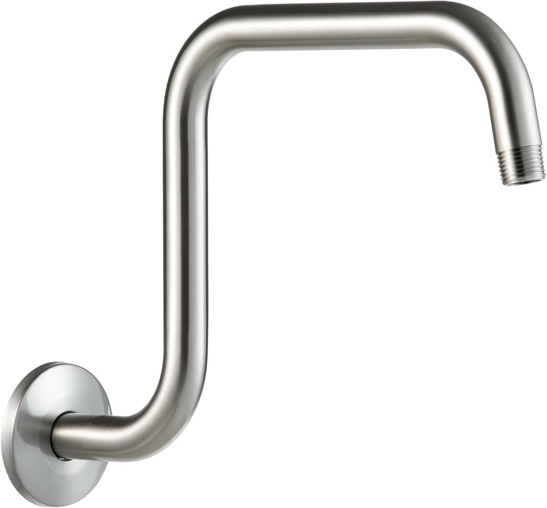 OFFO Shower Head Extension Arm 13 in, Brushed Nickel S Shaped High Rise Extender with Flange Shower Head Pipe Arm