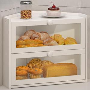 JANSNIMEN Corner Bread Box for Kitchen Countertop, Large Bread Container Storage Bamboo Wooden Farmhouse Bread Box with Window Bread Holder (White)