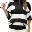 Women's Striped 2 Piece Outfits Oversized Lounge Set Summer Workout Sets Top and Shorts with Pockets (Medium, Lakeblue)