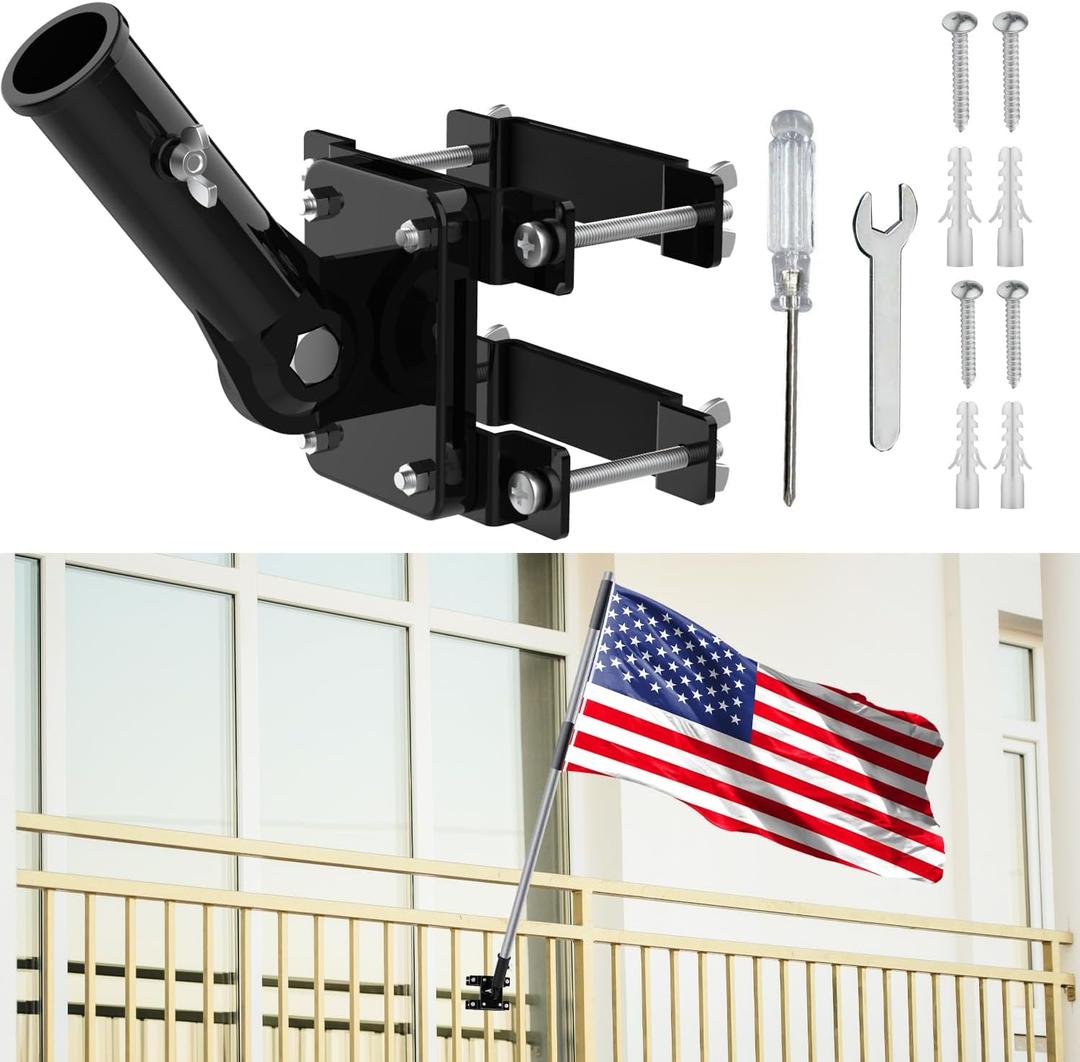 No Drilling Flag Pole holder for Railing, Flag Pole Mount Adjustable for Porch & Fence Rail, Apartment Balcony, Flag Pole Holder with Silicone Pads, Two Installation Methods for 1 Flagpoleblack)