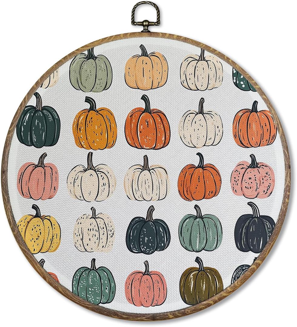 FUGWN Boho Fall Pumpkin Round Wall Art Decor Framed, Autumn Thanksgiving Canvas Artwork Prints, Retro Harvest Pumpkin Wall Hanging Decorations for Home Bedroom Living Room, 10x10 Inch