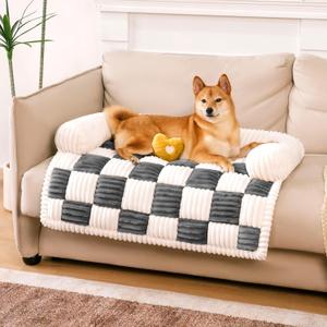 FUNNY FUZZY Pet Couch Covers for Sofa, Dog Couch Bed Washable Plush Pets Mat for Furniture Protector Cream Square Plaid Cozy Sofa Pad for Cats, Black (33.5"L x 30.5"W x 5.5"Th)
