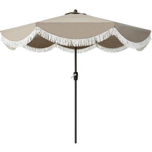 Tempera 9ft Auto Tilt Scalloped Patio Umbrellas with Fringe, Outdoor Table Umbrellas with Fade Resistant Canopy, 8 Sturdy Rids, Luxurious Vintage Umbrellas for Lawn, Pool, Deck, Balcony