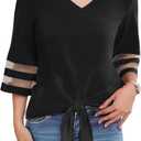 Women's V Neck Mesh Panel Sleeve Tops Tie Knot Hem Tops 2025 Summer Casual Blouses 3/4 Bell Sleeve Loose Shirt (Black, XL)