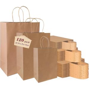 vanhel 120 pack Kraft Paper bags with Handles,Assorted Sizes Gift Bags Bulk Kraft Paper Bags, Weeding,Birthday, Favor,Party,Retail Merchandise Bags, Brown