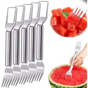 5Pcs Watermelon Fork Slicer Cutter, Stainless Steel 2-in-1 Watermelon Fork Slicer, Dual Head Knife with Integrated Sharp Blade, Portable Tool for Kitchen Fruit Cubes Party Camping Gadget
