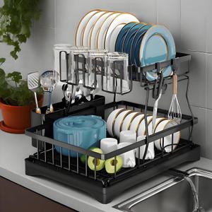 Large Dish Drying Rack for Kitchen Counter, Carbon Steel Dish Rack, Detachable Dish Drainer Organizer with Drainboard, Kitchen Utensil Hooks, Cup Holder and Cutlery Holder (Black, 2-Tiers)