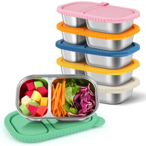 6 Pack Stainless Steel Snack Containers with Silicone Lids, Reusable Stainless Steel Food Containers Snack Box, 2 Compartment Meal Prep Containers for Lunch, Leakproof, Dishwasher Safe