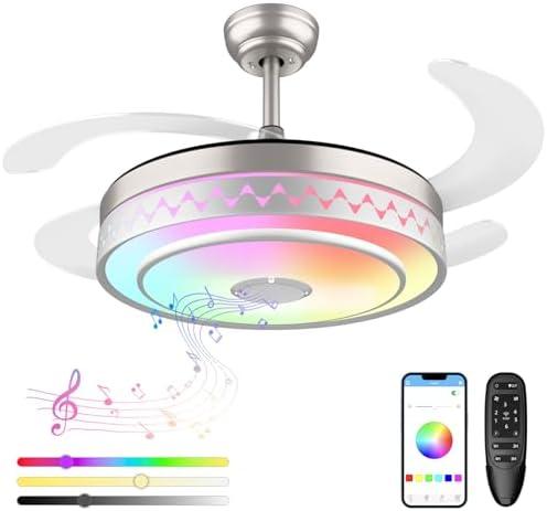 48 Inch Modern Fandelier Ceiling Fan with Light and App Control Bluetooth Smart Led Ceiling Fan with RGB Light Music Speaker 6Speed Retractable Ceiling Fan with Remote for Bedroom Living Room kitchen