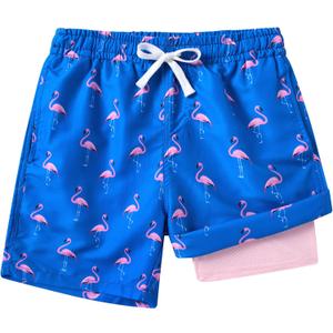 westwolf Boys Swim Trunks with Compression Liner Toddler Boys Swim Shorts Boxer Brief Board Shorts Swimming Set 5-18T (5-6 Years, B1-flamingo)