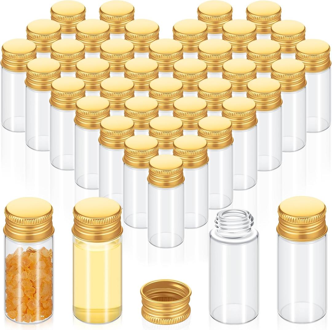 100 Pcs Small Clear Vials Spice Mini Jars with Lids Mini Glass Bottles with Screw Aluminum Metal Caps Tiny Jars Sample Containers for Powder Cream Cosmetic Jewelry Wedding (10 ml,Gold Caps)