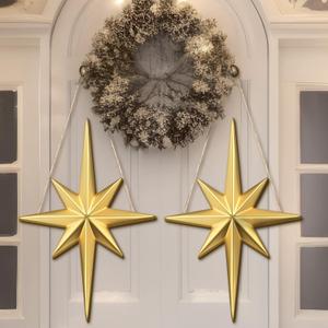 Quzzil 2 Pcs Christmas Bethlehem Star Hanging Sign Wooden Christmas Welcome Decor Bethlehem Star Door Sign Wall Plaque Xmas Decoration for Fireplace Home Indoor Outdoor Decor