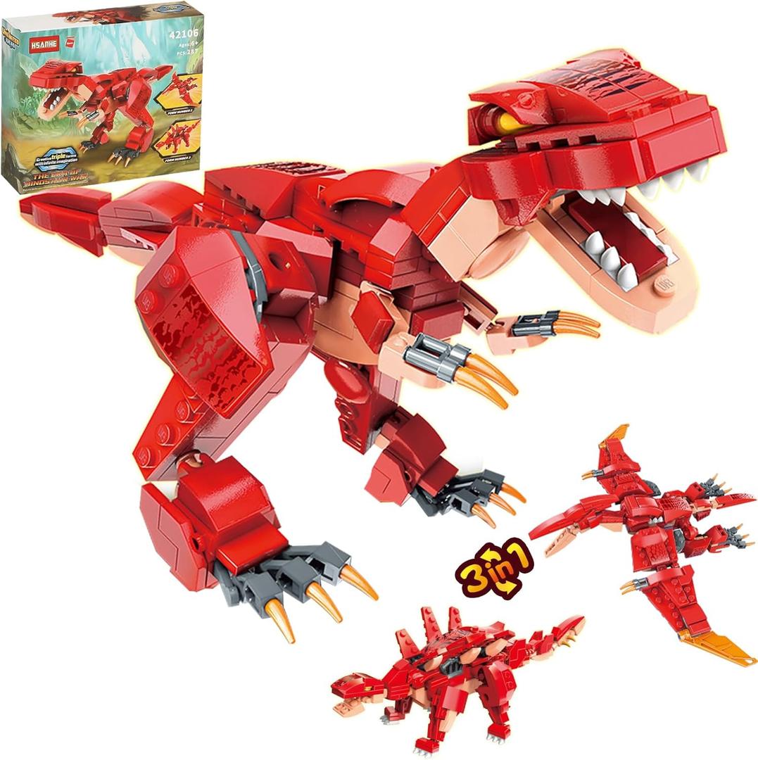 STEM 3 in1 Dinosaurs Building Kits 287PCS, Toys for Kids Age 6-10 Year Old, Educational Building Sets Best Gifts for Boy 6-10 (Red)