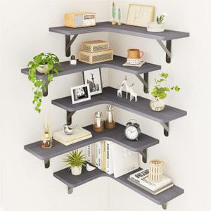 Fixwal Corner Floating Shelves Set of 5, Rustic Wood Wall Mounted Corner Shelf for Bathroom, Kitchen, Bedroom, Home Decor, Laundry Room, Living Room(Gray)