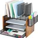 Wood Desk Organizers and Accessories, 4-Tier Workspace Desktop Paper Organizer with Drawer, 5 Vertical File Holders and Pen Holder for Office Supplies (brown)