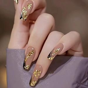 Press on Nails Medium Square Fake Nails Gold Rose Flowers Acrylic Nails Black French Tip False Nails Press ons with Design Cat Eye Glue on Artificial Nail for Women Manicure 24Pcs (Style 9)