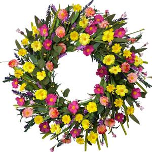 24 Inch Handmade Flower Wreath for Front Door, Spring Summer Wreath with Yellow Pink Purple Daisies,Lavender, Farmhouse Floral Wreaths with Eucalyptus Leaves for Indoor Outdoor Porch Home Decor