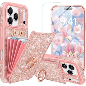 for iPhone 17 Pro Max Case Wallet with Screen Protector[5 Card Holder],Glitter PU Leather RFID Blocking with 360 Ring Stand Women Girls Shockproof Phone Cover for iPhone 17 Pro Max,Rose Gold