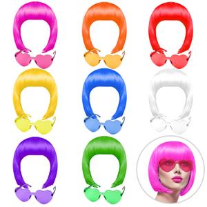 KUUQA 16 Pieces Party Wigs and Sunglass Set, Neon Short Bob Wig Sunglass Pack Costume Colorful Cosplay Wig Daily Party Hairpieces for Bachelorette Neon Party Favors, Halloween and Decorations