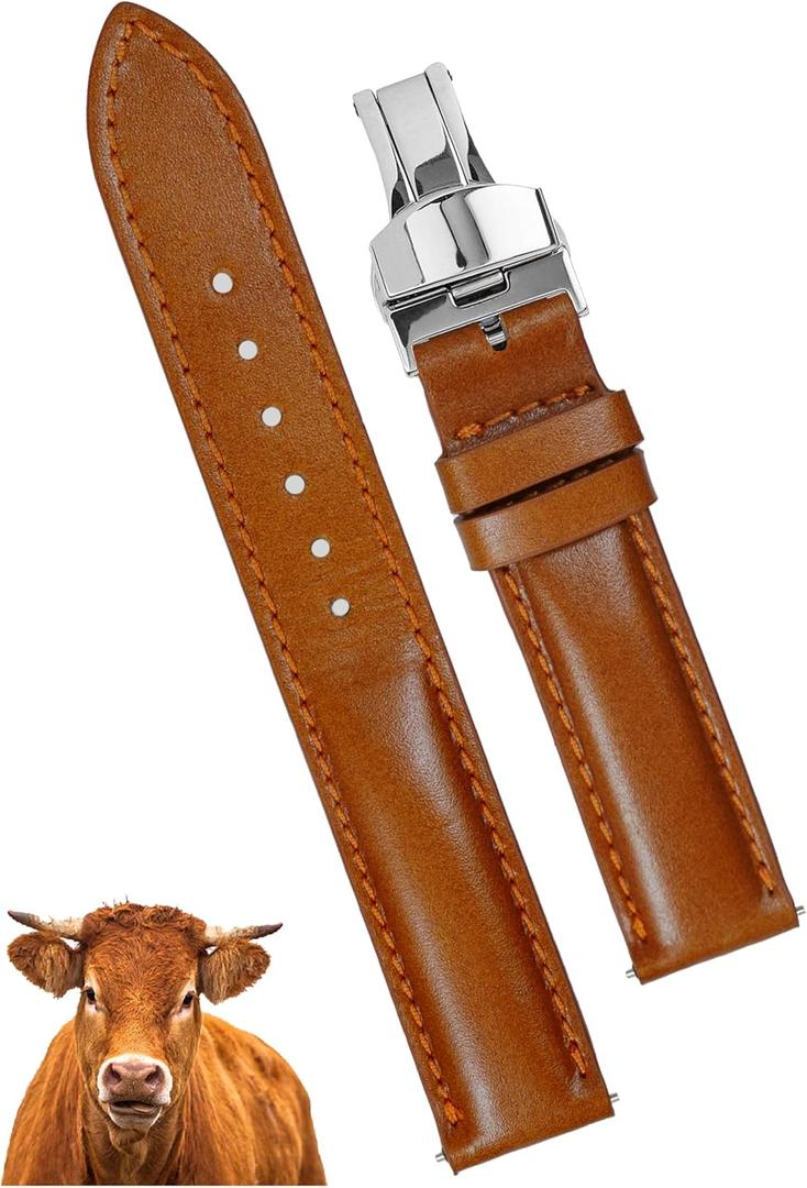 Deployment Clasp Vintage Leather Watch Band Quick Release Leather Strap For Men Women Handmade Extra Soft Watch Wrist Band Elegant Replacement Stainless Steel Strap Butterfly Buckle (18mm, Classic Brown - Silver Buckle)