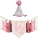 Pink Half Birthday Decorations for Girl Pink Boho Handmade 1/2 High Chair Banner with Cone Hat for Girl 1/2 Birthday Wall Hangings Decorations