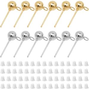 540Pcs Earring Studs for Jewelry Making,240Pcs Ball Post Earring Stud with 300Pcs Silicone Clear Earring Backs Hypoallergenic Earring Posts Stud Earrings for Jewelry Findings Earring Making Supplies (540Pcs KC Gold,White K)