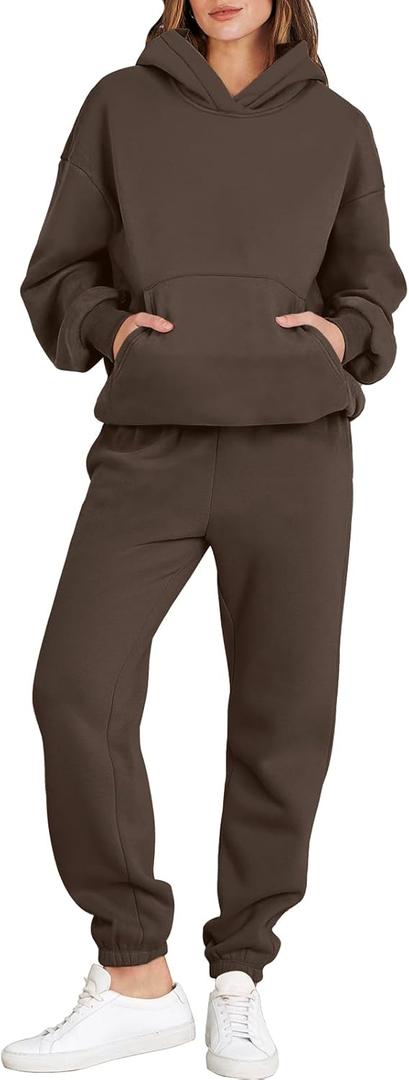 ANRABESS Womens 2 Piece Outfits Lounge Hoodie Oversized Sweatshirt Jogger Sweatpants Y2K Tracksuit Sweatsuit Set Fall Clothes (Medium, Brown)