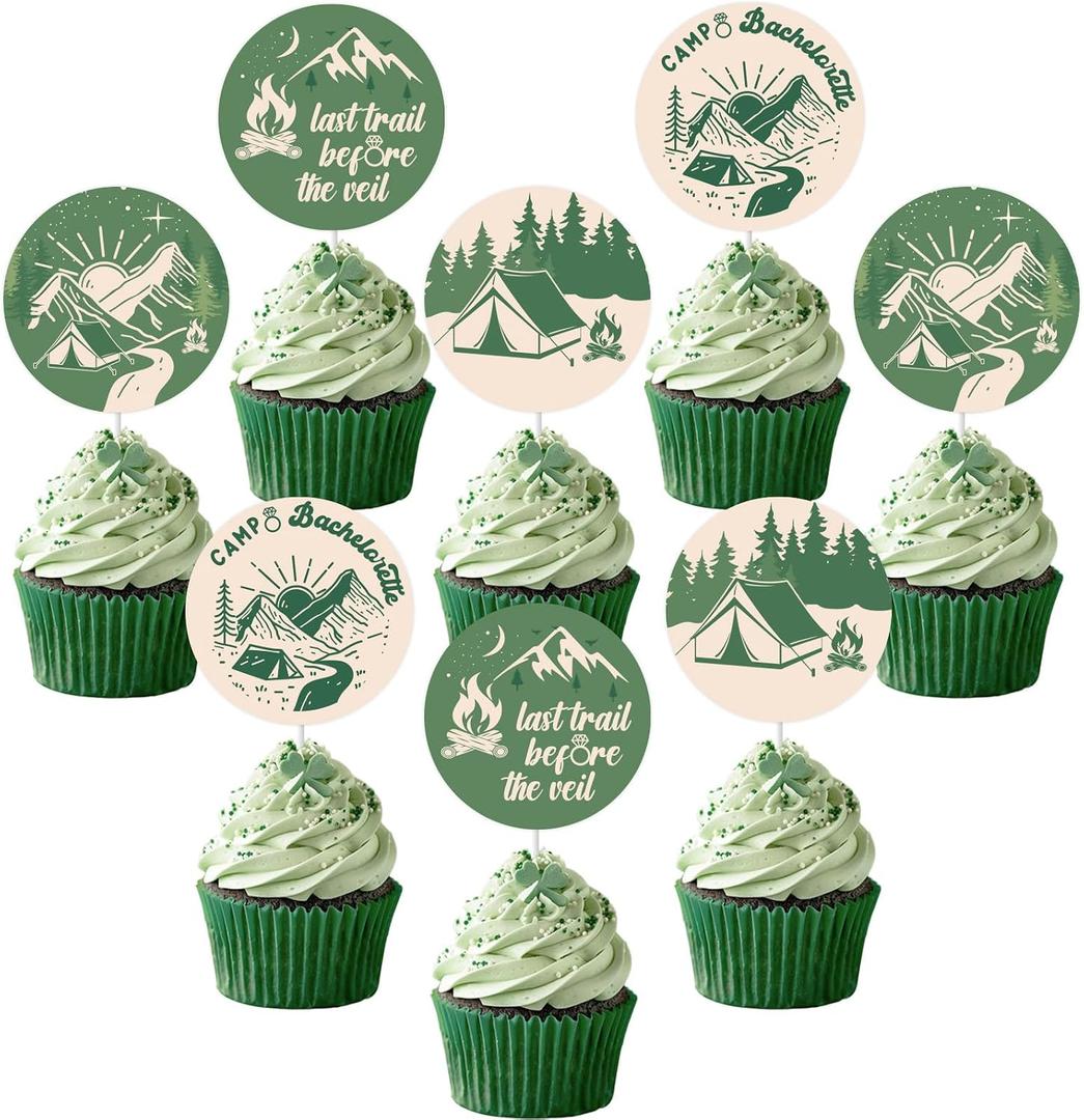 Camp Bachelorette Decoration 36PCS Last Trail Before the Veil Bachelorette Cupcake Toppers Mountain Lake Hiking Bachelorette Decors for Bridal Shower Wedding Engagement Hen Party Decoration