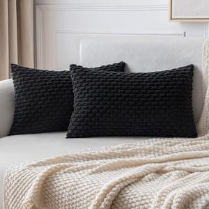 MIULEE Throw Pillow Covers Soft Corduroy Decorative Set of 2 Boho Striped Pillow Covers Pillowcases Farmhouse Home Decor for Couch Bed Sofa Living Room 12x20 Inch Black