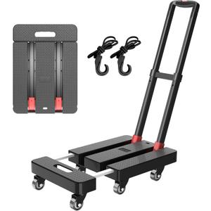 Folding Hand Truck, 500 LBS Heavy Duty Foldable Dolly Cart with Wheels, Telescoping Handle & 2 Elastic Ropes, Portable Luggage Cart for Moving, Travel, Home, Black Red