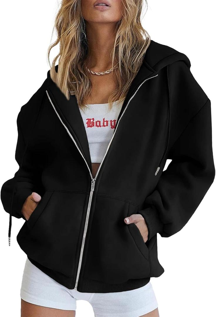 PRETTYGARDEN Women's 2025 Zip Up Y2K Hoodies Casual Long Sleeve Sweatshirts Fall Spring Track Jackets with Pockets (Large, Black)