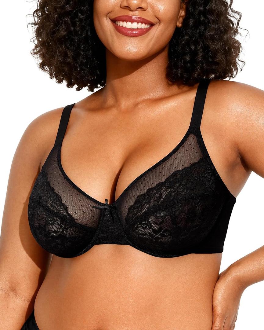OEAK Womens Minimizer Bras Underwire Full Coverage Bra Plus Size Unlined Lace Bralette Lifting Tshirt Bras for Large Breast (38DD, Black)