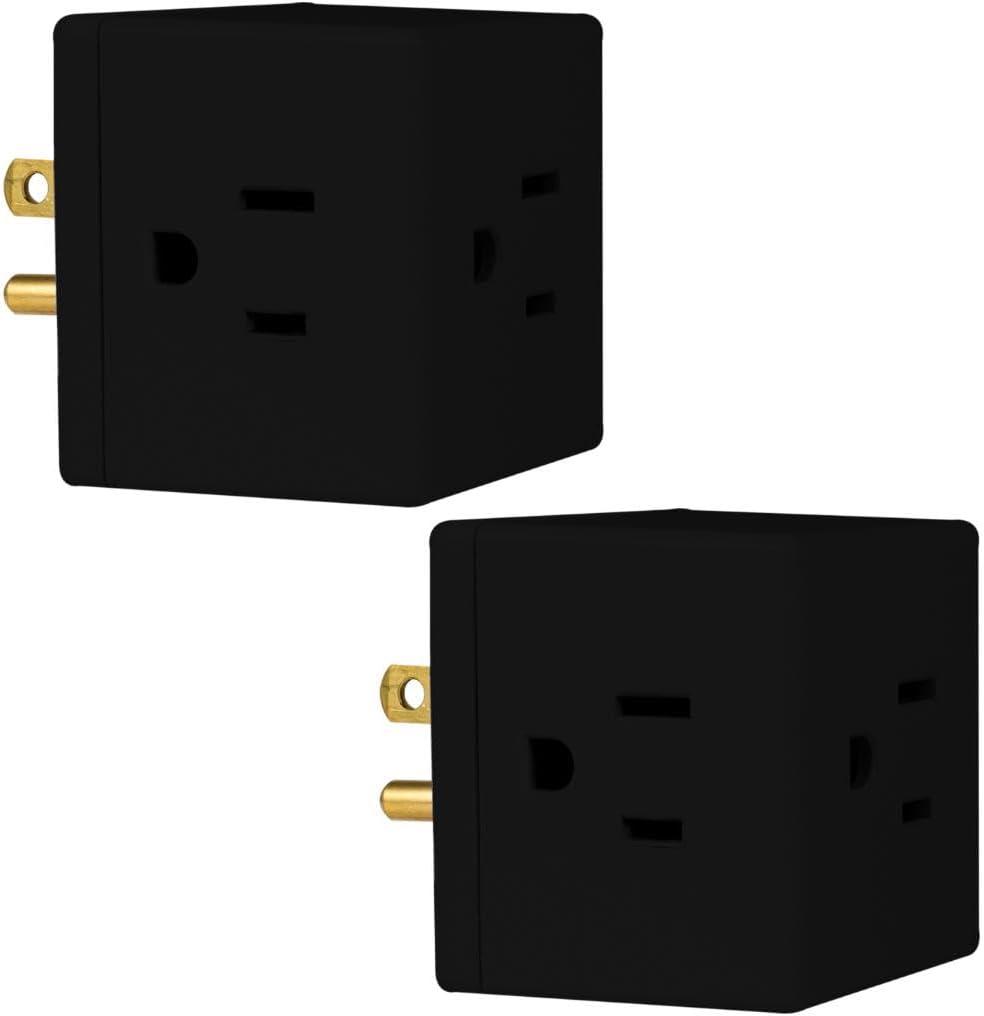 Philips 3-Outlet Extender, Extra-Wide Adapter Spaced, Easy Access Design, 3-Prong, Perfect for Travel, Cube, 2 Pack, Black, SPS3002BC/37