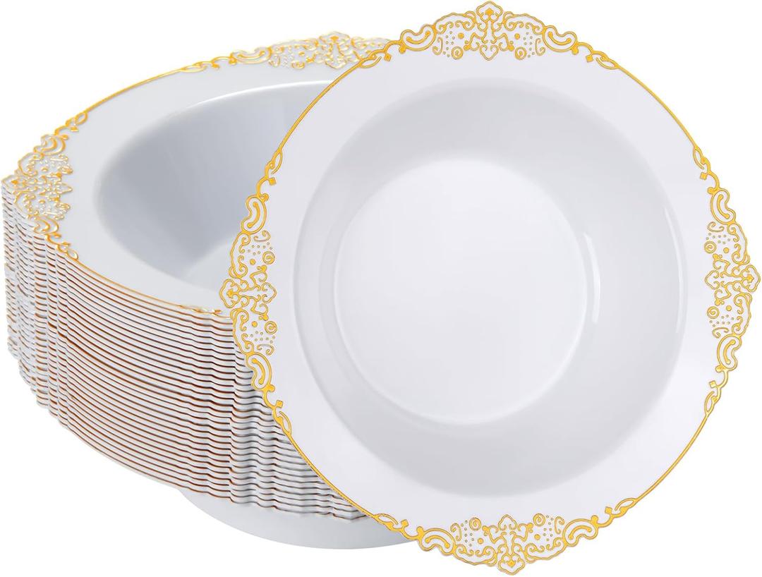 50 Pack White Plastic Bowls with Gold Relief Rim, 12oz Plastic Salad Bowl, Disposable Bowls for Party, Dinners, Weddings, Christmas, Thanksgiving, Valentine's Day