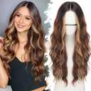 Brown Highlight Long Wavy Wig for Women, Pre-Cut HD Lace Natural Hairline, Glueless Middle Part, Synthetic Fiber for Daily and Party Use 26Inch