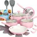 Tasty Clean Ceramic Non-Stick Aluminum Cookware Set, Tempered Glass Lid, Dishwasher Safe, 16-Piece, Pink