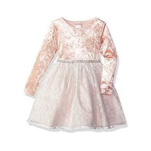 Youngland Little Girls Velvet To Lace Party Dress Pink Ivory-6