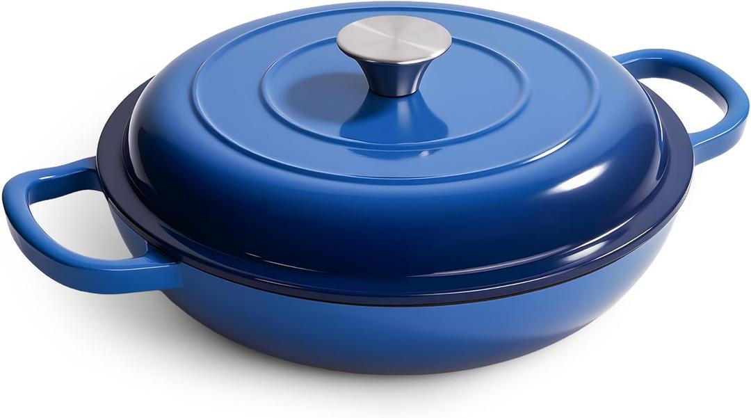 3 Quart Enameled Cast Iron Braiser, Non Stick Enameled Cast Iron Skillet with Lid, Dutch Oven Skillet with lid up to 500F for Oven, Stove, Grill, Shallow Dutch Oven for Cook, Bake (Blue)