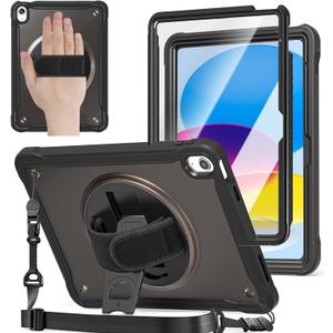 ZenRich Case for iPad (A16) 11th 2025/ iPad 10th Generation 10.9 inch 2022 with Screen Protector, Shockproof Slim Case with Pencil Holder/360Rotating Kickstand/Handle/Carrying Strap, Black