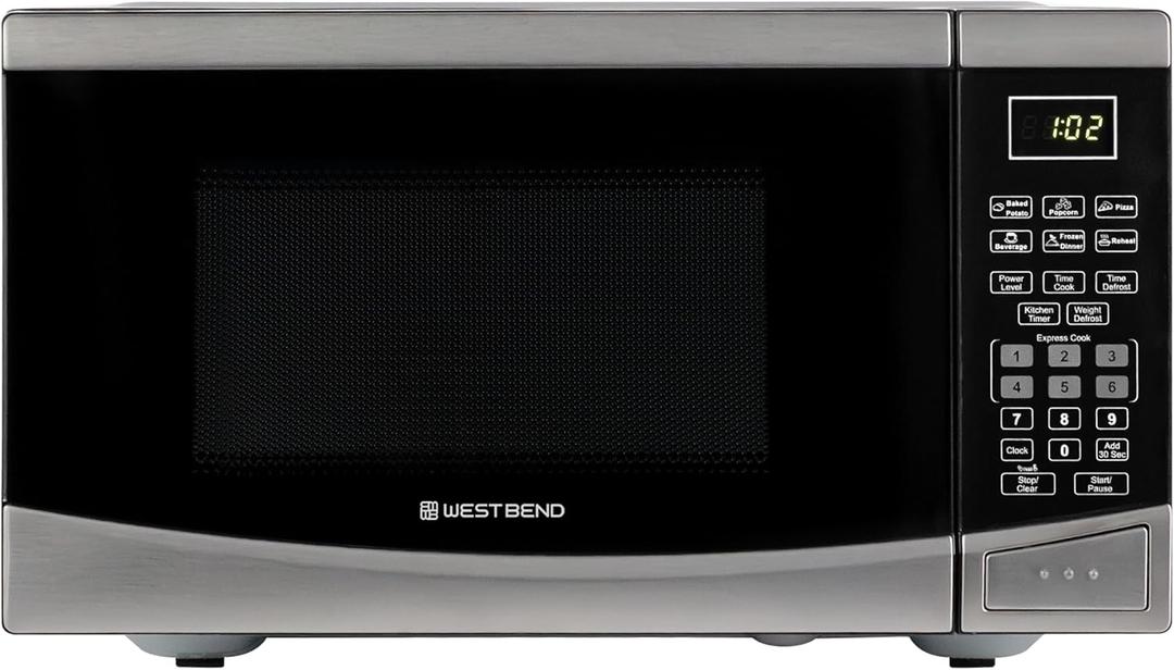 West Bend Microwave Oven 900-Watts Compact with 10 Power Levels and 6 Pre Cooking Settings, Speed Defrost, Electronic Control Panel and Glass Turntable, 0.9-Cu.Ft., Stainless Steel