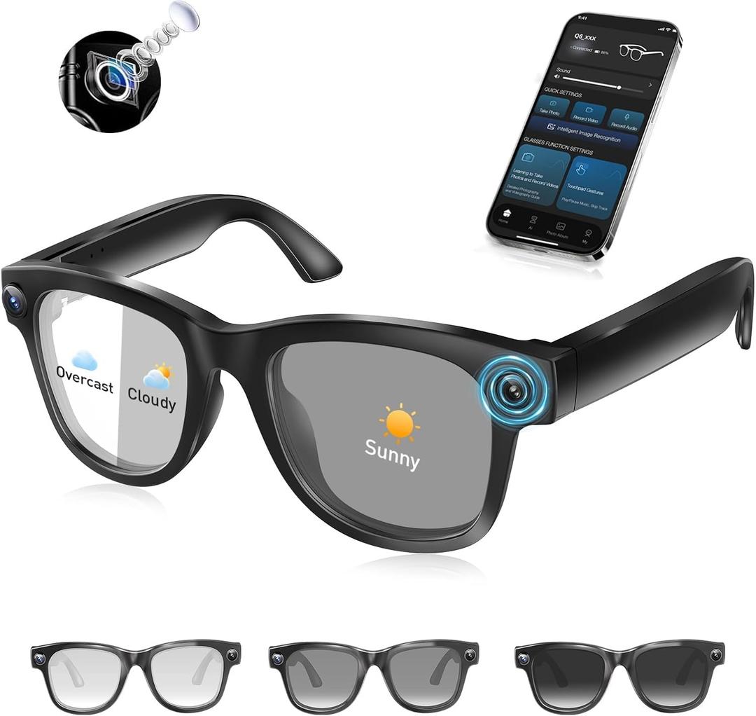 AI Smart Glasses with 4K Camera & Audio | Bluetooth Video Recording Sunglasses with ChatGPT Translation, Voice Control, EIS Stabilization, Object Recognition, Smart Glasses for Men & Women (Black-Q6)