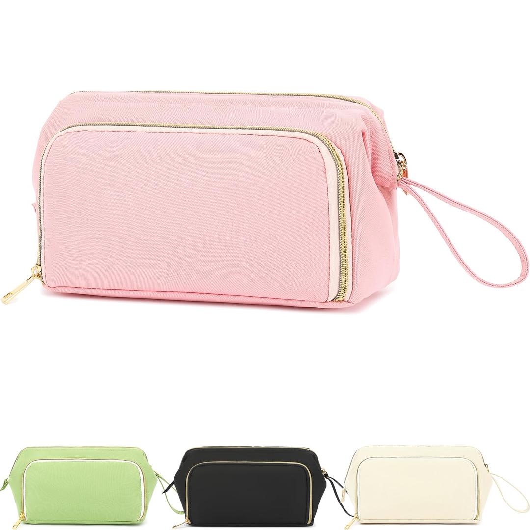 Travel Makeup Bag, Wide-open Cosmetic Bag Make Up Organizer Case with Brushes Pocket for Women, Large Family Toiletry Bag Skincare Pouch for Toiletries Accessories