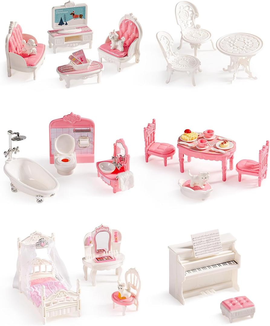 ROBUD Dollhouse Furniture, Pink Doll House Accessories and Furniture for Dining Room, Bathroom, Bedroomn,Living Room, Dollhouse Accessories Pretend Play Furniture Toys for Kids, WDHXX