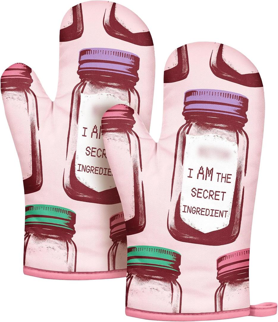 Slohif Funny Oven Mitt Heat Resistant for Women - 2 Pack Pink Cute Novelty Cool Kitchen Oven Mittens with 100% Cotton for Baking and Cooking Accessories