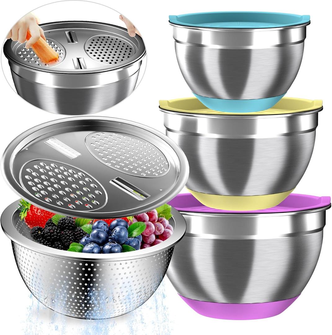 Mixing Bowls with Airtight Lids, Stainless Steel Mixing Bowl Set with 3 Metal Nesting Bowls, Colander & Grater, Non-Slip Bottoms, Size 1.5, 2.5, 5 QT, Great for Mixing & Serving, Mutilcolor