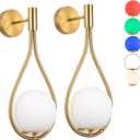 Pack Wall Sconces/Wall Lights, Not Hardwired Brass Gold -White Glass Globe Wall Lamps, Wireless Light Fixture for Bedroom, Living Room, Bathroom, Hallway (GD)